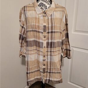 Liz & Me plaid Linen Cotton blend‎ button up shirt